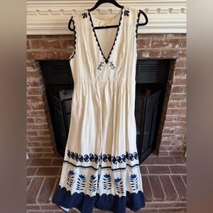 Carolina K Cream Maxi Dress with Navy Embroidery